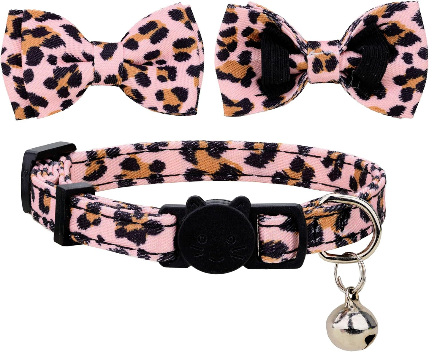 Collar for Cat Pet Breakaway with Bell Bowtie Detachable Bow Adjustable Safety Kitten Puppy Girl Boy 2Pcs Pink Leopard & Pure