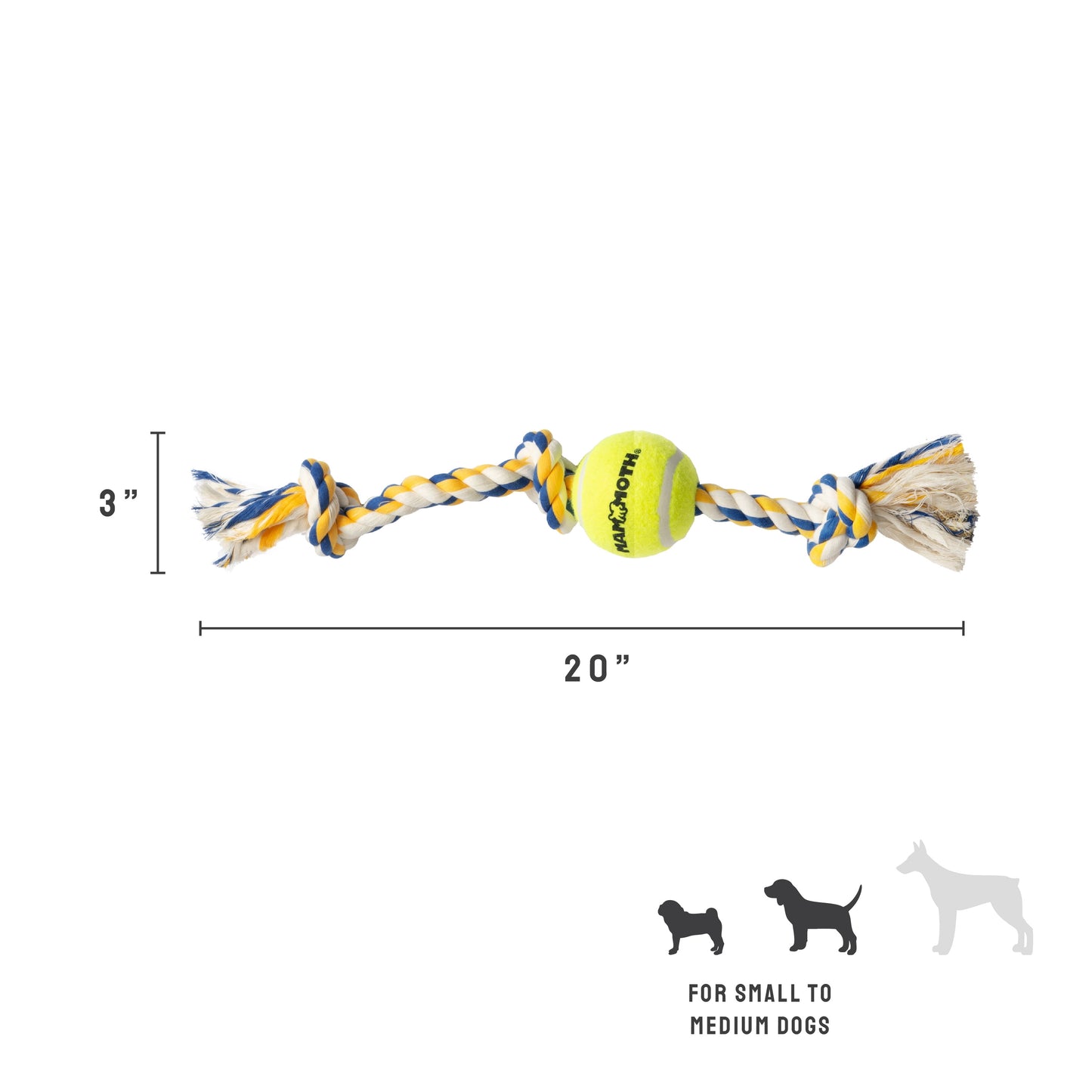 Flossy Chews Cottonblend 3 Knot Tug with 4" Tennis Ball Rope Dog Toy, Large, 24", Assorted Colors