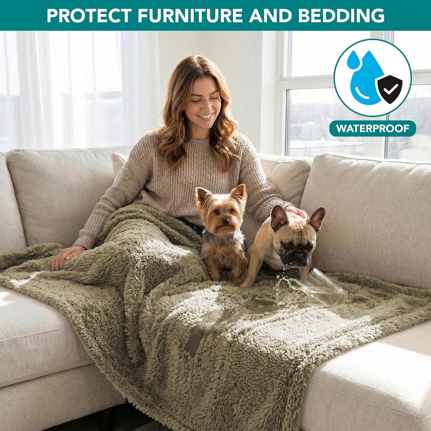 Fluffy Waterproof Dog Blanket for Couch and Bed, Reversible Sherpa Pet Throw, Pee Proof Furniture Protector Sofa Cover, Washable Cat Blanket for Small Medium Dogs and Cats (Taupe Camel, 24X32)