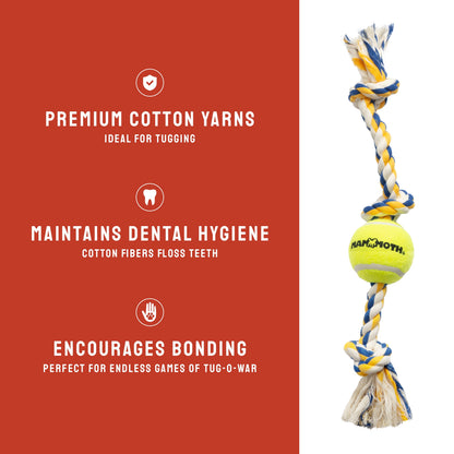 Flossy Chews Cottonblend 3 Knot Tug with 4" Tennis Ball Rope Dog Toy, Large, 24", Assorted Colors